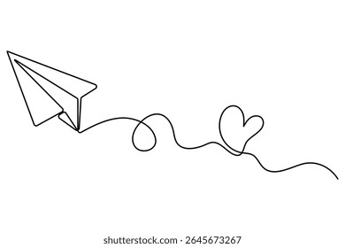 One line drawing of paper plane flying with hearts minimal style love vector artwork

