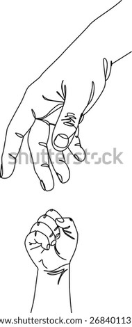 One line drawing of a parent's hand reaching for a baby's fist. Continuous line art symbolizing family, connection, and support. Minimalist vector illustration for concepts of parenthood and care