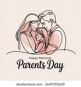 Desenho de uma linha, pais beijando a filha, criança inocente, amor, família, Dia Nacional dos Pais, ilustração vetorial, arte mínima.









