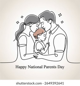 Desenho de uma linha, pais beijando a filha, criança inocente, amor, família, Dia Nacional dos Pais, ilustração vetorial, arte mínima.

