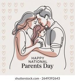 Desenho de uma linha, pais beijando a filha, criança inocente, amor, família, Dia Nacional dos Pais, ilustração vetorial, arte mínima.
