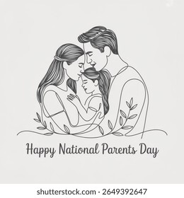 One line drawing, parents kissing daughter, innocent child, love, family, National Parents Day, vector illustration, minimal art.
