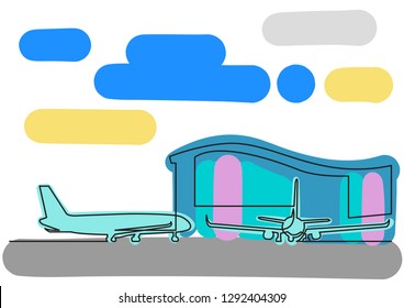 one line drawing of passenger airplanes and airport with colorful background