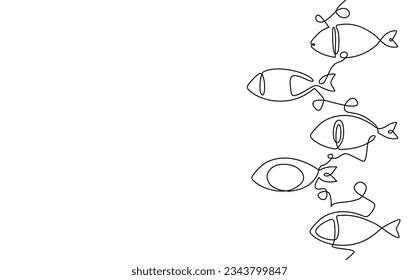 One line drawing pattern with fishes. Repeat vertically. Vector illustration.