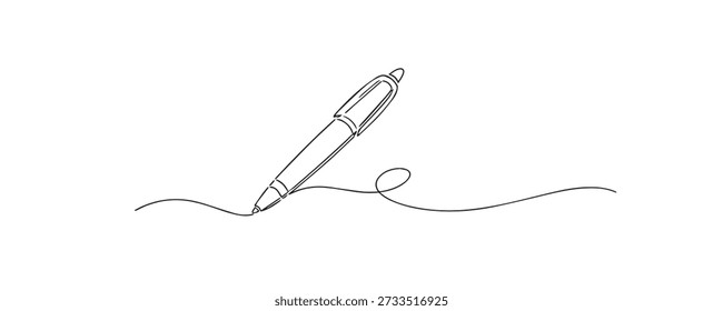 One line drawing pen actively writing on paper.symbolizing ideas, creativity, and written communication.continuous line representing inspiration, learning, productivity.