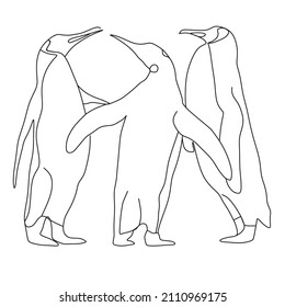 One line drawing of penguins on a white background. Cute animal pose in the ice. Penguin family. Wildlife concept. Vector illustration.
