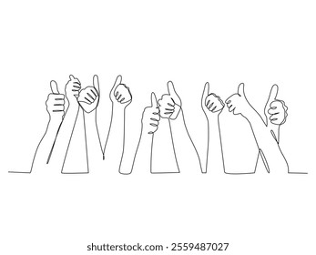 One line drawing of people arm hands raising with thumbs up gesture, counting hands on the finger of one to five isolated on white background