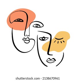 One line drawing people faces. Linear abstract couple. Man and woman romantic modern poster. Love concept. Continuous trendy fashion art. Minimalistic graphic design. Fashion decor, t shirt print 