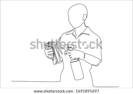 One line drawing of a person cleaning using cleaning module or equipment