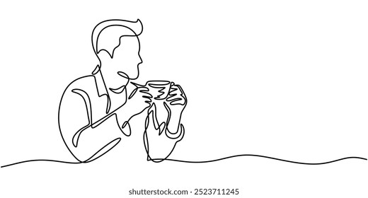 One line drawing of a person holding a coffee cup. Minimalist design for a coffee break concept. Vector illustration.