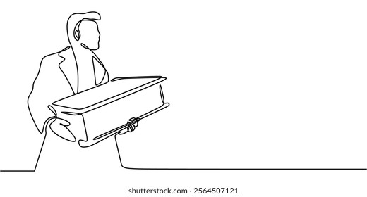 One line drawing of a person holding a giant book. Reflecting the idea of responsibility, safeguarding valuables, or bearing burdens. Vector illustration minimalist hand drawn.