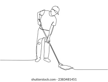 One line drawing person mopping floor. Vector illustration isolated. Minimalist design handdrawn.