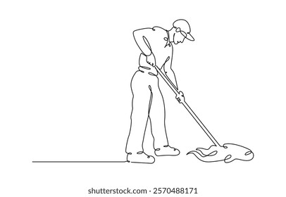 One line drawing person mopping floor. Continuous one line drawing male mopping floor at office. Cleaning workers. Professional cleaning staff, domestic cleaner worker and cleaners equipment.