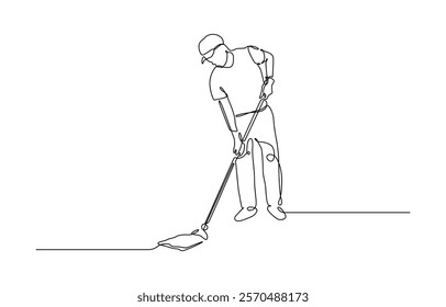 One line drawing person mopping floor. Continuous one line drawing male mopping floor at office. Cleaning workers. Professional cleaning staff, domestic cleaner worker and cleaners equipment.