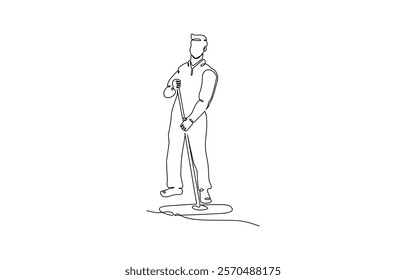 One line drawing person mopping floor. Continuous one line drawing male mopping floor at office. Cleaning workers. Professional cleaning staff, domestic cleaner worker and cleaners equipment.