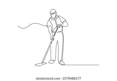 One line drawing person mopping floor. Continuous one line drawing male mopping floor at office. Cleaning workers. Professional cleaning staff, domestic cleaner worker and cleaners equipment.