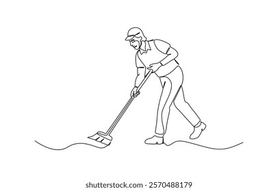 One line drawing person mopping floor. Continuous one line drawing male mopping floor at office. Cleaning workers. Professional cleaning staff, domestic cleaner worker and cleaners equipment.