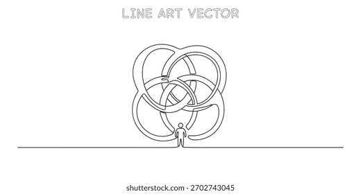 One line drawing of a person standing before a complex, interconnected abstract knot or shape