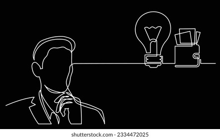 dibujo de una línea de persona pensando en resolver problemas encontrar soluciones