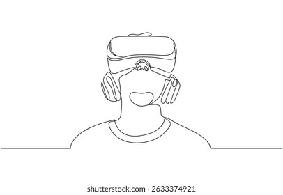 One line drawing of a person in virtual reality. Represents the future of gaming, Astonished Person Wearing VR Headset, Immersive Virtual Reality Experience. Editable Stroke.