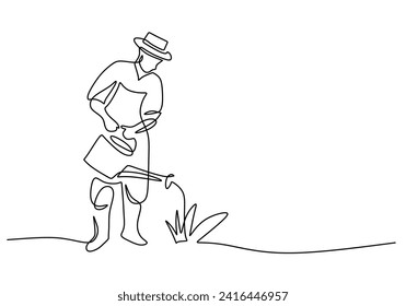 One line drawing person watering a plant. Continuous single outline hand drawn. Vector illustration gardening and seedling farm concept.