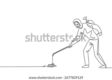 One line drawing of a pest control worker in protective gear standing and spraying pesticide, representing professional pest management and safety effort during World Pest Day’s international campaign