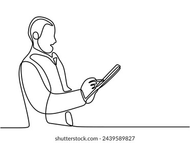 One line drawing of pharmacist holds medicines recipe in her hands