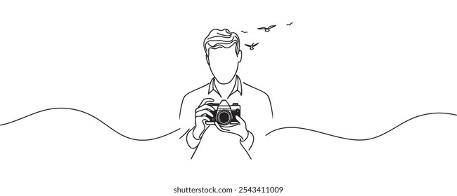 Um desenho de linha de fotógrafo tirando foto com câmera digital moderna. Jornalista ou repórter tirando fotos. Desenho de linha contínuo, ilustração de vetor gráfico