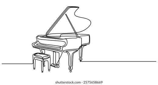 One line drawing piano. Musical instrument sketch. Continuous vector illustration, Grand piano one line art. Continuous line drawing of classical, musician, acoustic, piano, chord, antique, music, pro