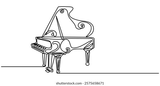 One line drawing piano. Musical instrument sketch. Continuous vector illustration, Grand piano one line art. Continuous line drawing of classical, musician, acoustic, piano, chord, antique, music, pro