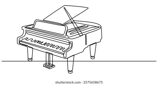 One line drawing piano. Musical instrument sketch. Continuous vector illustration, Grand piano one line art. Continuous line drawing of classical, musician, acoustic, piano, chord, antique, music, pro