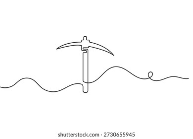 One line drawing of a pickaxe icon featuring minimalist style and isolated outline vector illustration