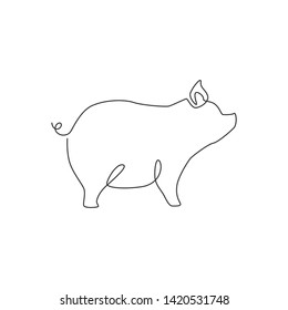 One Line Drawing Of Pig Logo Animal. Vector Illustration