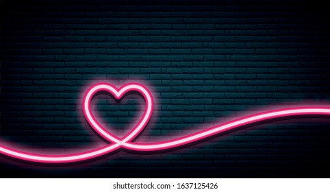One line drawing pink and white neon heart glowing on dark brick wall background. Vector illustration.