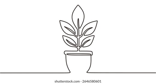 One line drawing of a plant in a pot symbolizing growth, ideal for a home decor website or a wellness blog graphic.