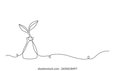 One line drawing of plant and science concept. Symbol of organic farming, eco lab research, GMO-free innovation. Minimalist sketch of nature and biotechnology. Vector illustration.