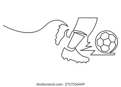 Um desenho de linha de um pé de jogador chutando uma bola de futebol para um gol