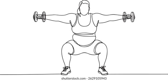 One line drawing of a plus size person in gym clothes doing a squat with dumbbells, minimalist style symbolizing strength and inclusive fitness

