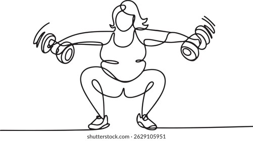 One line drawing of a plus size person in gym clothes doing a squat with dumbbells, minimalist style symbolizing strength and inclusive fitness

