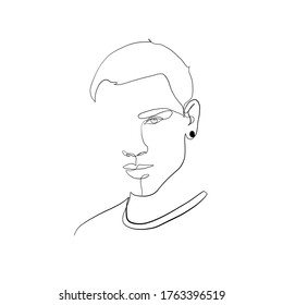 One Line Drawing Of Portrait Man. Minimal Silhouette Male Face. Modern Sketch Portrait. Outline Symbol. Symbol, Sign. Vector Drawing Illustration.