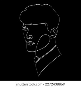 One line drawing of portrait man. Minimal silhouette male face. Modern sketch portrait. Outline symbol. Symbol, sign. Vector drawing illustration.