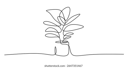 Um desenho de linha de uma planta em vaso representando a decoração da casa e a tranquilidade, perfeito para um logotipo de florista ou um guia de jardinagem.