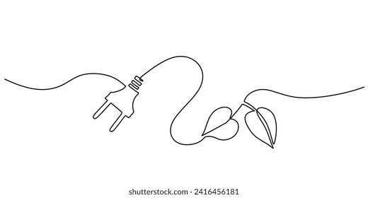 One line drawing of power plug with leaf. Green energy concept. Eco and modern theme vector illustration.