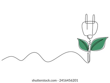 One line drawing of power plug with leaf. Green energy concept. Eco and modern theme vector illustration.