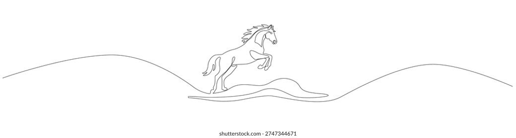 One line drawing of a powerful stallion jumping over obstacles, single line illustration featuring a leaping horse with clean contour and smooth flowing line in a minimalist modern style.