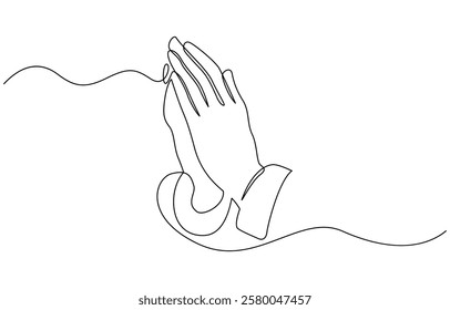 One line drawing praying hand worship religious vector illustration template design, Hand in Praying position or in Cultural Greeting Form Continuous one line drawing.