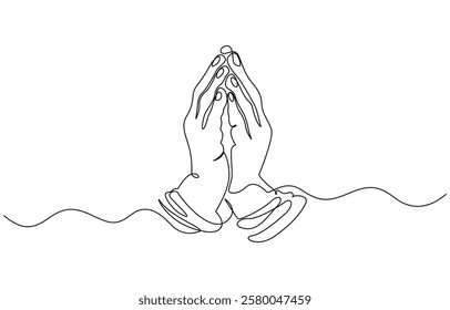 One line drawing praying hand worship religious vector illustration template design, Hand in Praying position or in Cultural Greeting Form Continuous one line drawing.