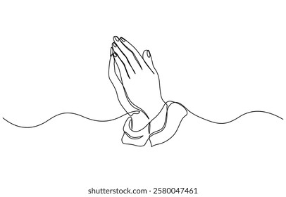 One line drawing praying hand worship religious vector illustration template design, Hand in Praying position or in Cultural Greeting Form Continuous one line drawing.