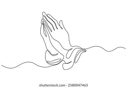 One line drawing praying hand worship religious vector illustration template design, Hand in Praying position or in Cultural Greeting Form Continuous one line drawing.