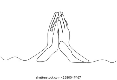 One line drawing praying hand worship religious vector illustration template design, Hand in Praying position or in Cultural Greeting Form Continuous one line drawing.